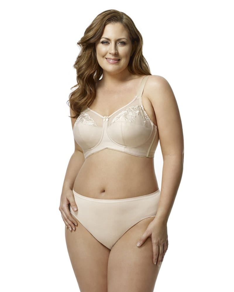 Front of a model wearing a size 40B Elila Women's Back to Basics Softcup Bra in Beige by Elila. | dia_product_style_image_id:321946